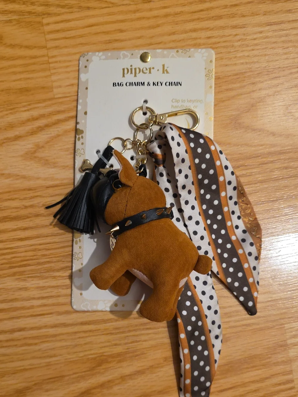 piper·k French Bull Dog Bag Charm with Black Tassel and Dotted Scarf